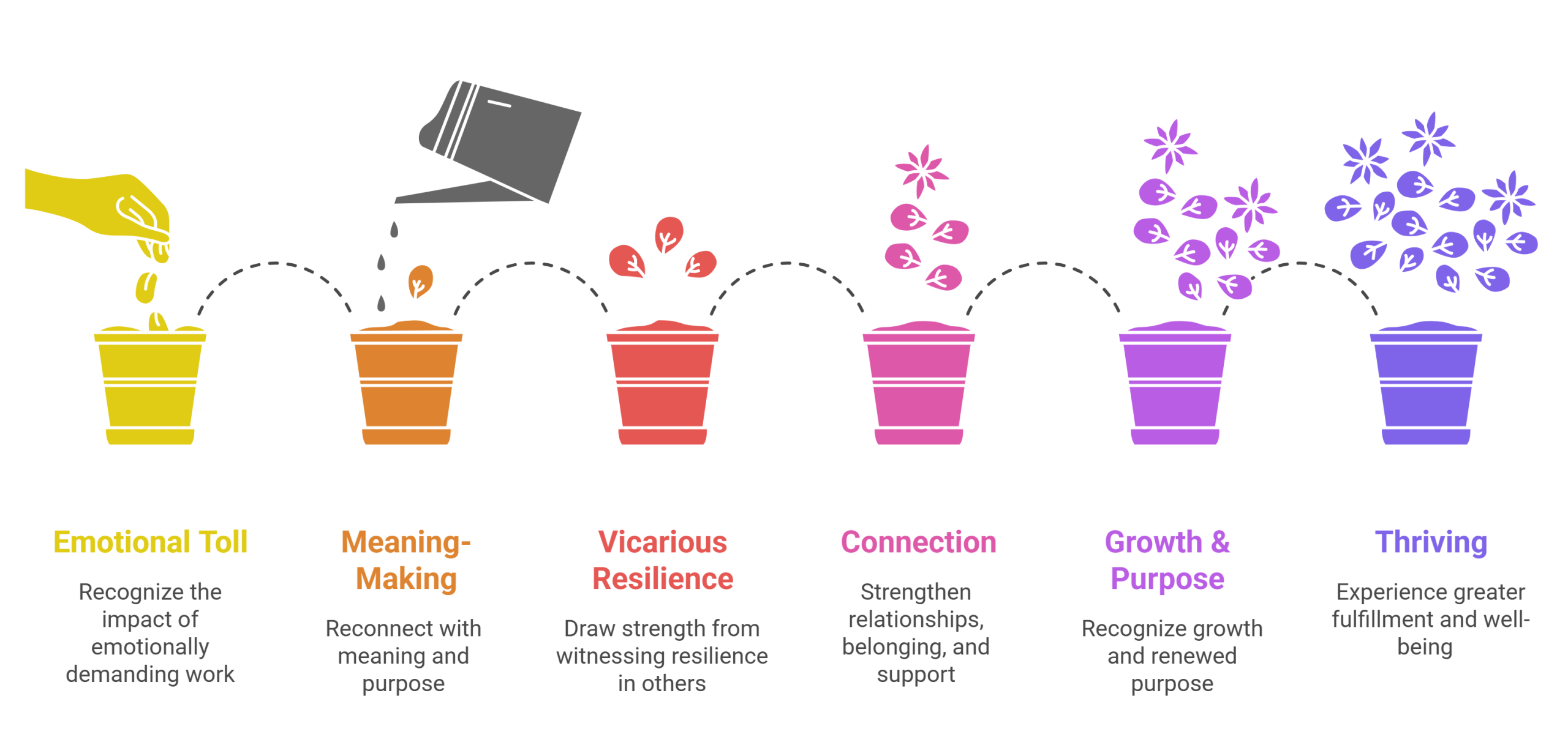 FABULOUS TRANSFORMATION® pathway from emotional toll through meaning-making, vicarious resilience, connection, growth and purpose, to thriving.