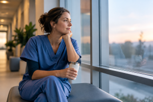 medical professional sitting quietly by a window, looking out and reflecting
